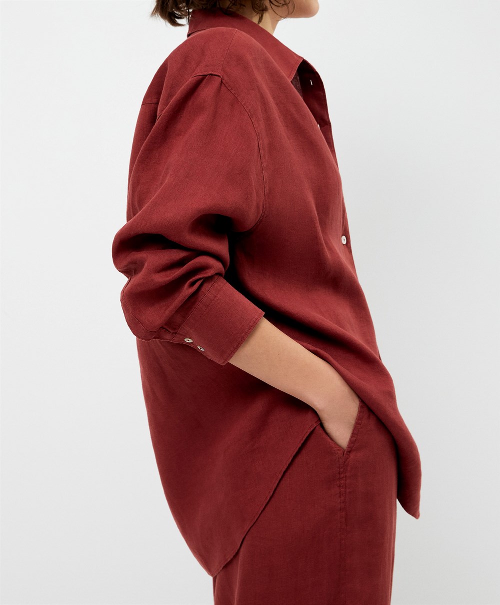 Oysho 100% Linen Long-sleeved Shirt Brune | TOZK79653