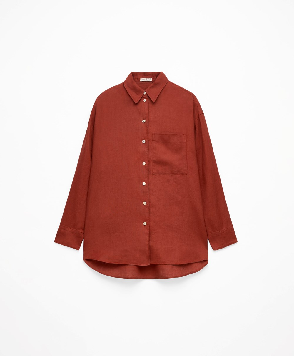 Oysho 100% Linen Long-sleeved Shirt Brune | TOZK79653