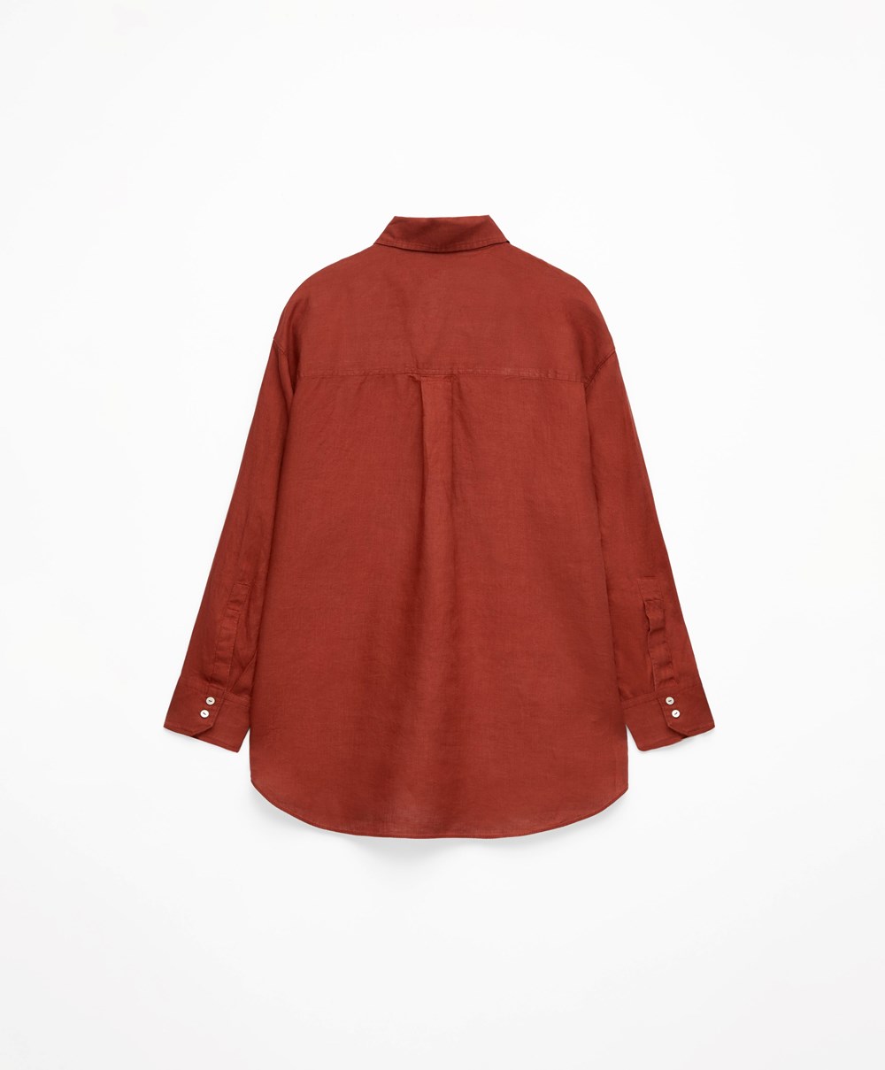 Oysho 100% Linen Long-sleeved Shirt Brune | TOZK79653