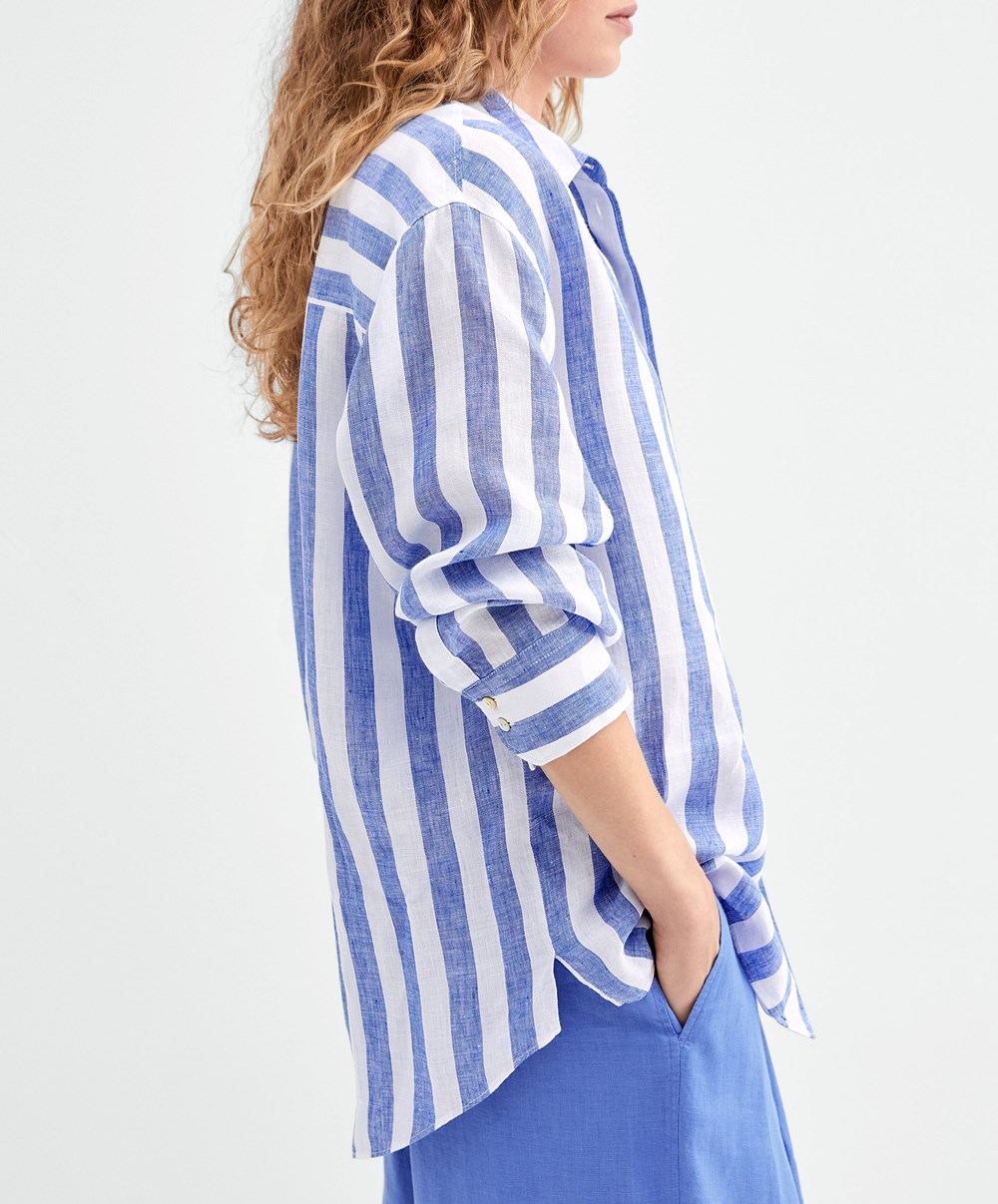 Oysho 100% Linen Long-sleeved Shirt Cobalt | GQFK69053