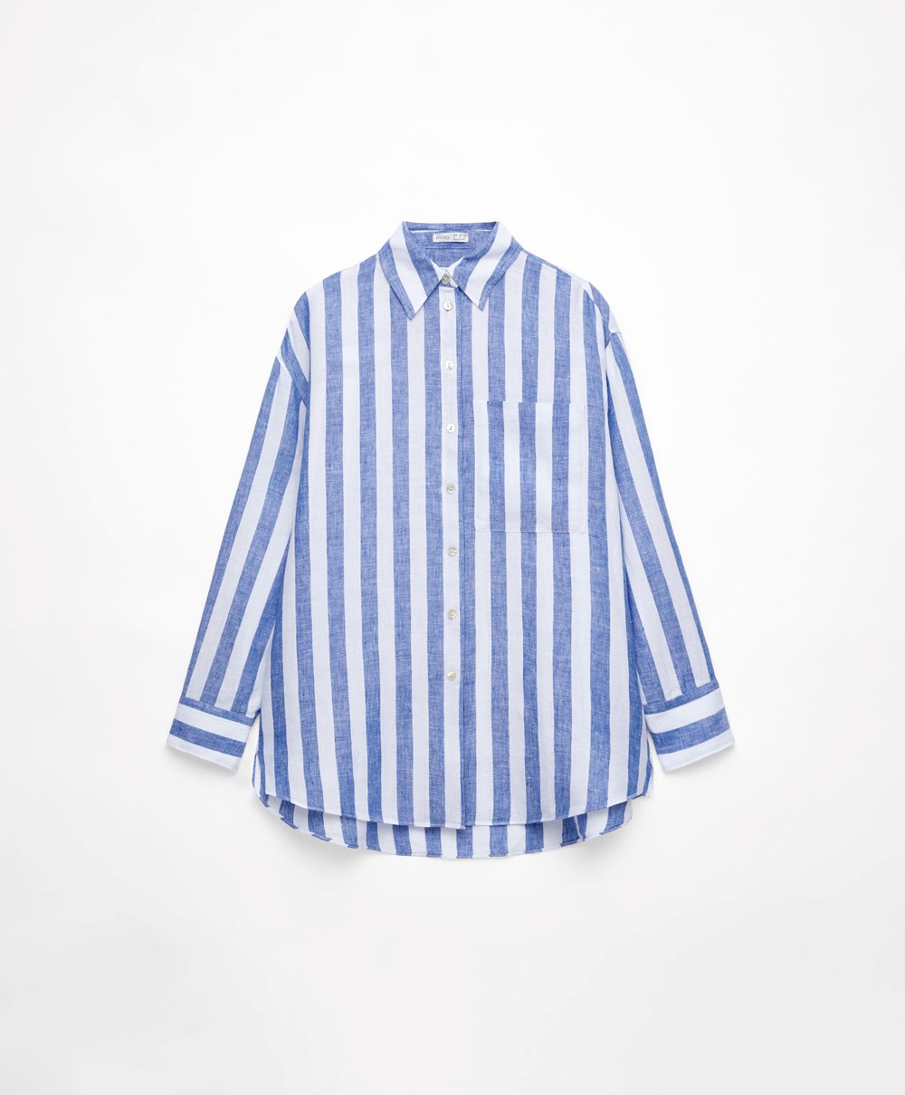 Oysho 100% Linen Long-sleeved Shirt Cobalt | GQFK69053