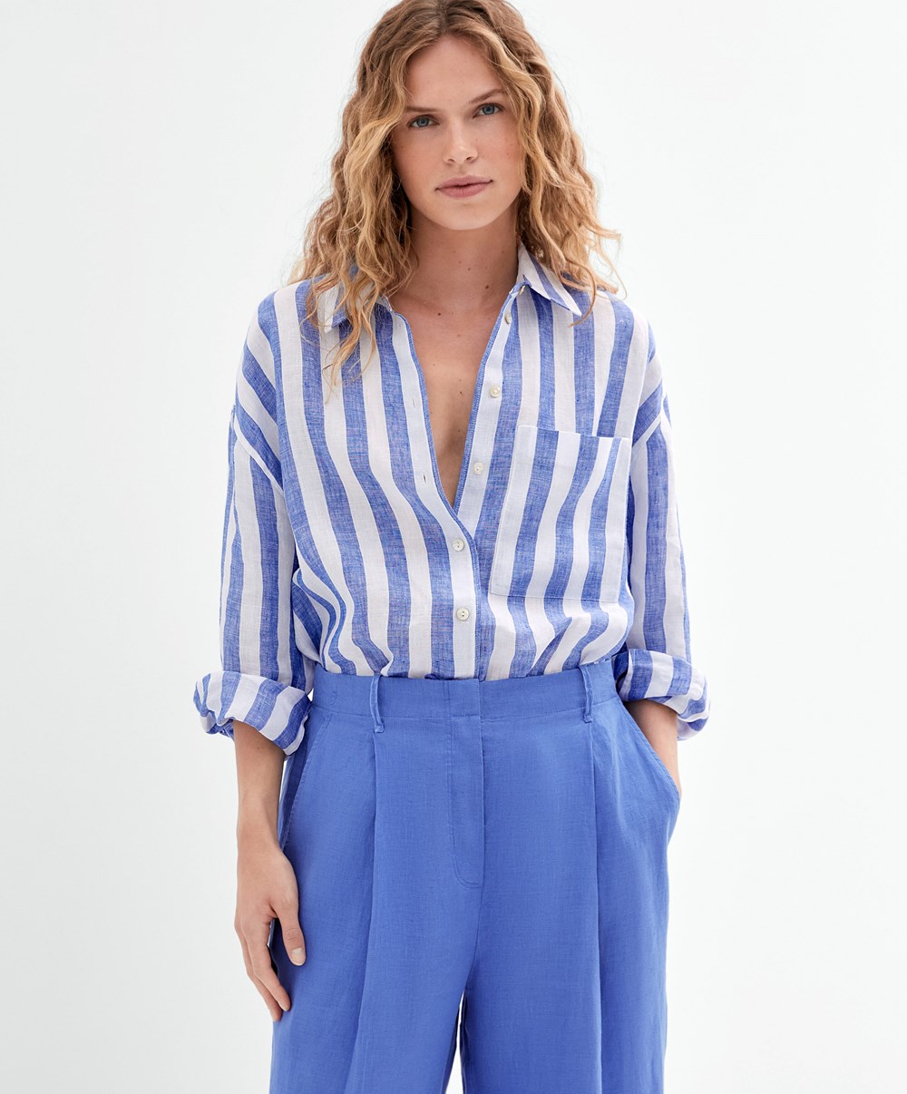 Oysho 100% Linen Long-sleeved Shirt Cobalt | VYPT80157