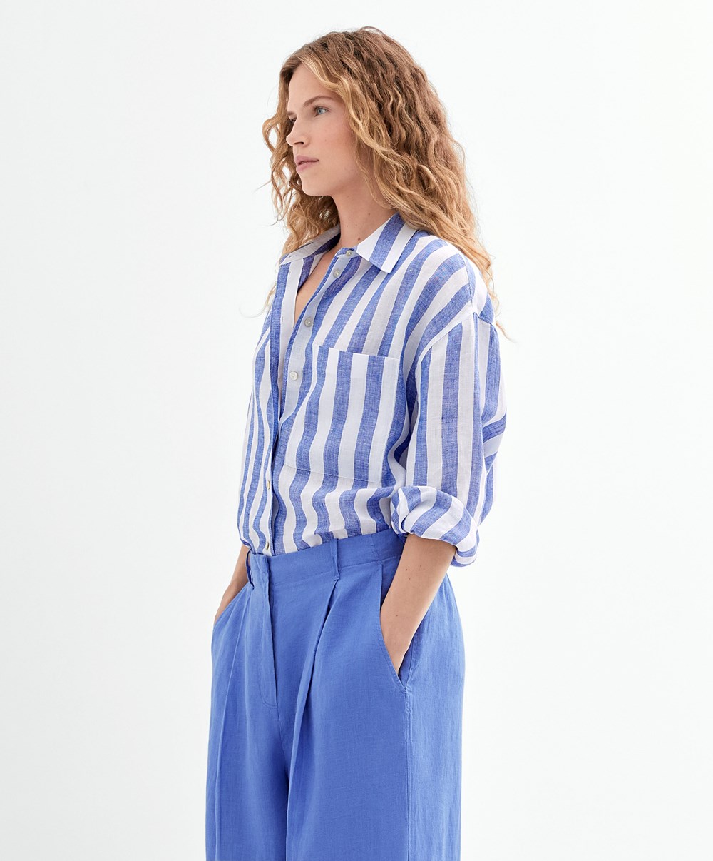 Oysho 100% Linen Long-sleeved Shirt Cobalt | VYPT80157