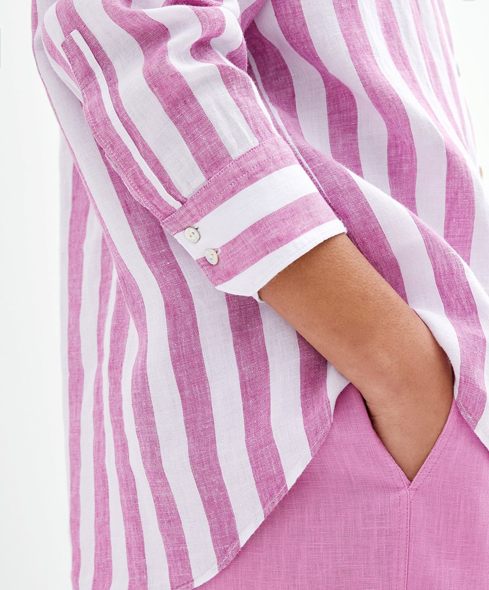 Oysho 100% Linen Long-sleeved Shirt Fuchsia | MDIW91534