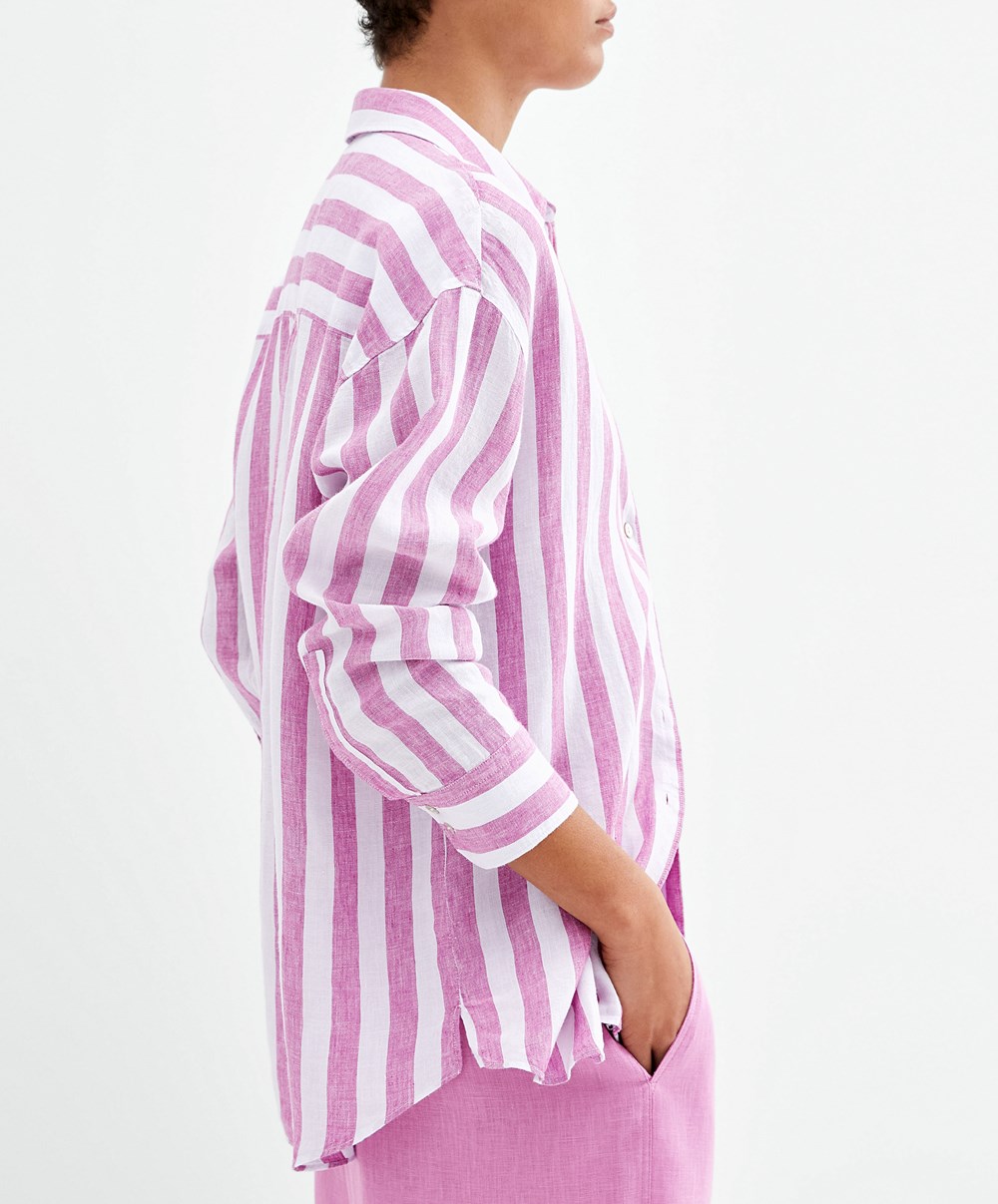 Oysho 100% Linen Long-sleeved Shirt Fuchsia | MDIW91534