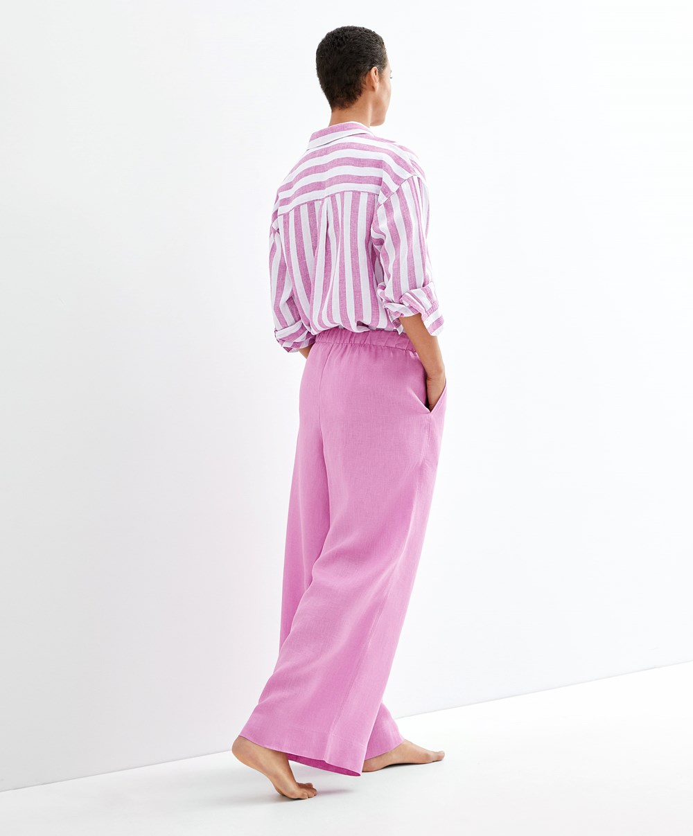 Oysho 100% Linen Long-sleeved Shirt Fuchsia | MDIW91534