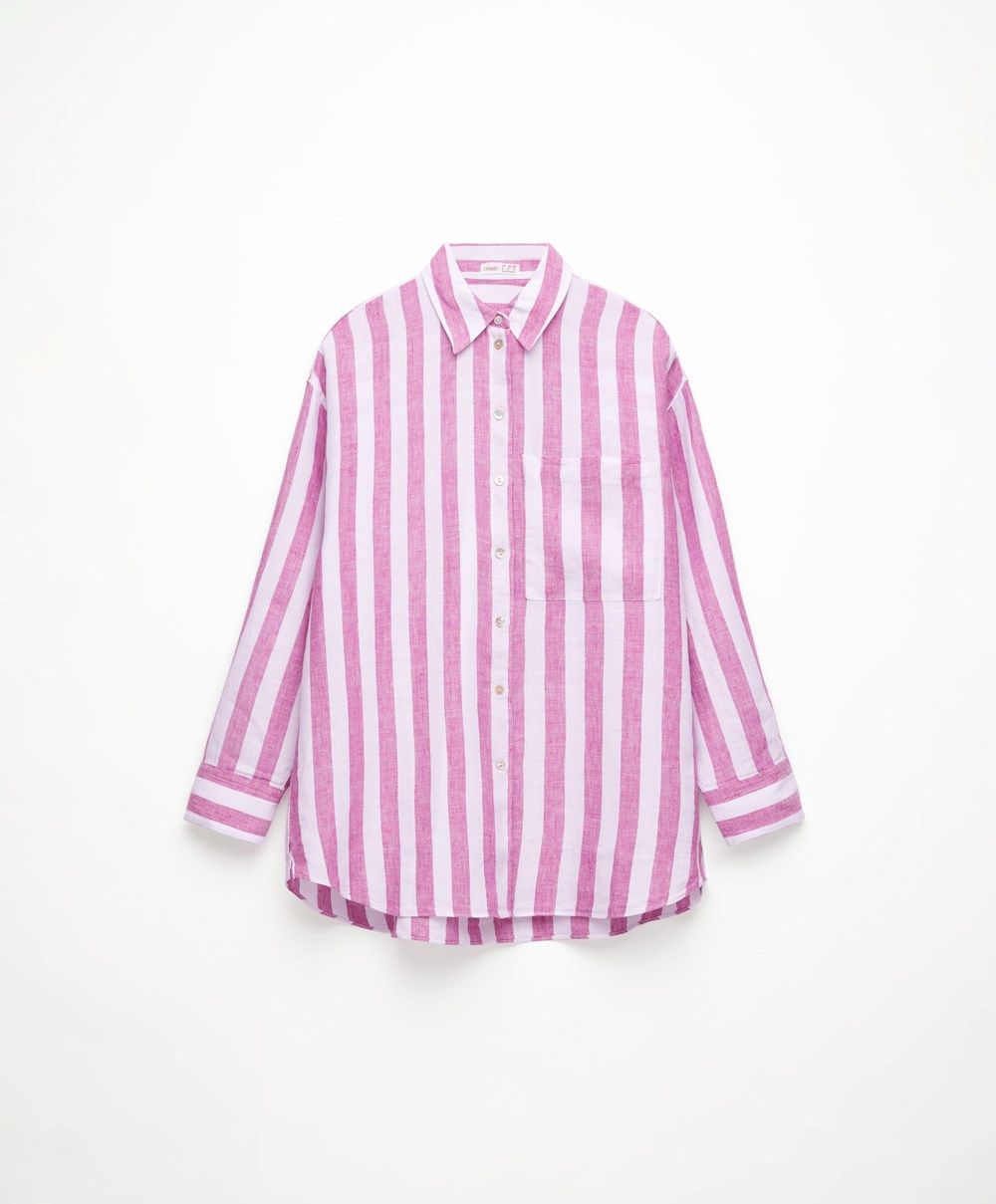 Oysho 100% Linen Long-sleeved Shirt Fuchsia | MDIW91534