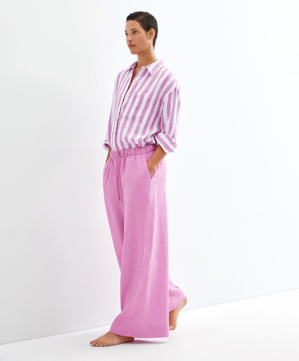 Oysho 100% Linen Long-sleeved Shirt Fuchsia | MDIW91534