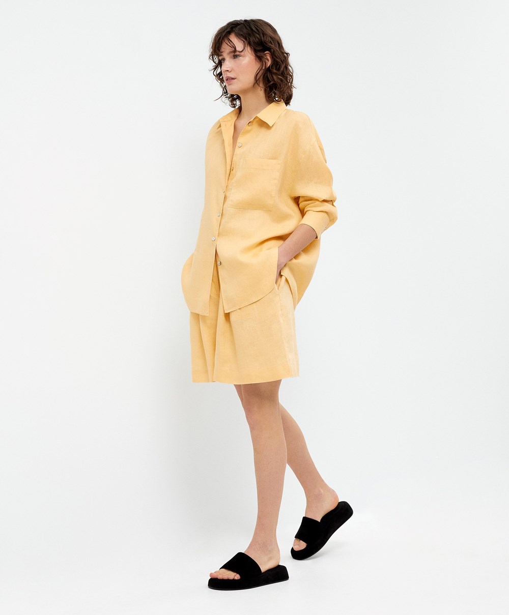 Oysho 100% Linen Long-sleeved Shirt Gul | KWHX03459