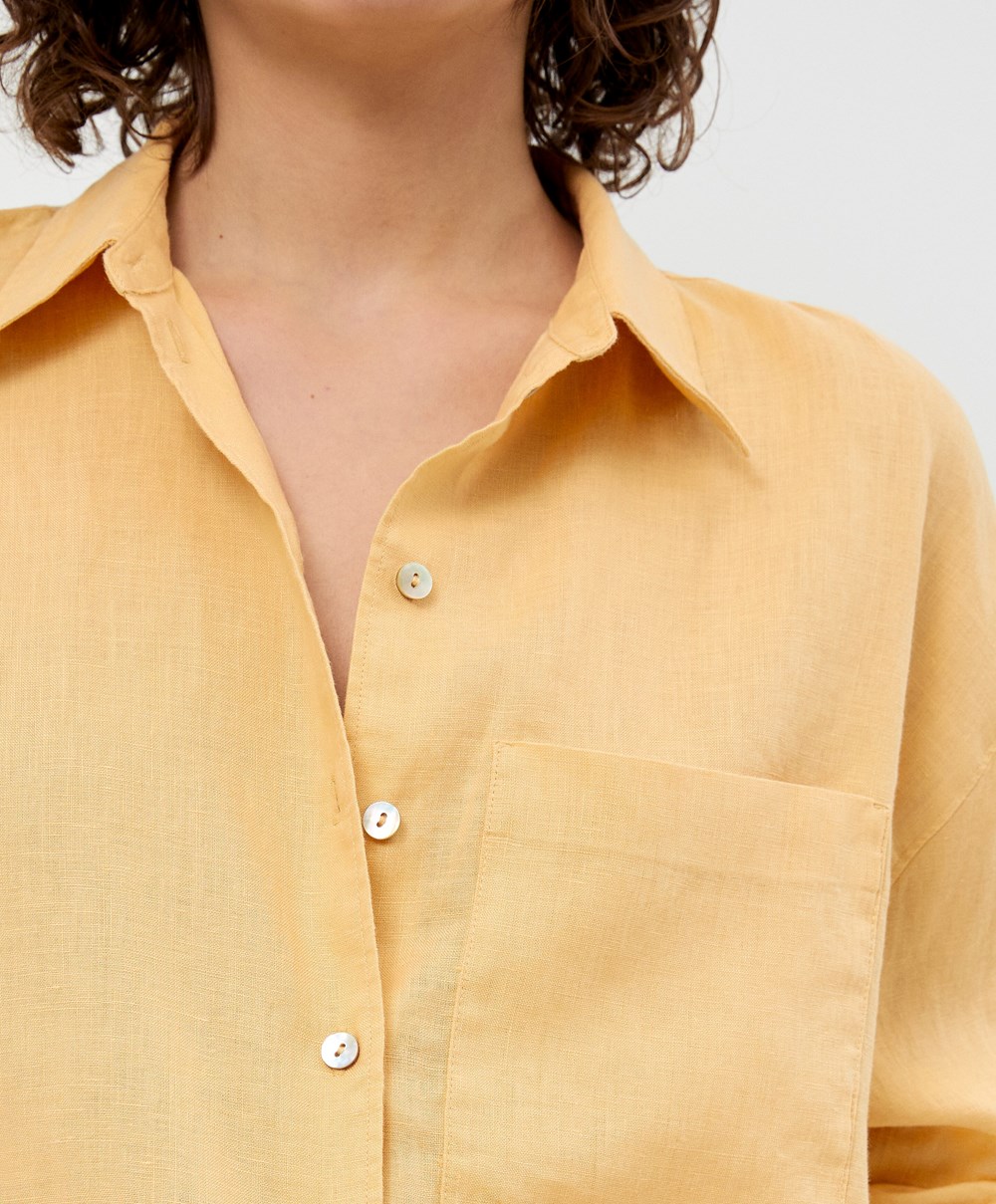 Oysho 100% Linen Long-sleeved Shirt Gul | KWHX03459