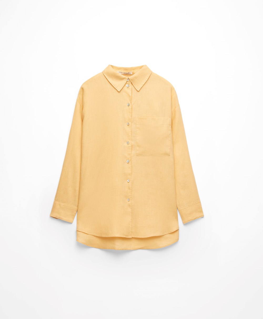 Oysho 100% Linen Long-sleeved Shirt Gul | KWHX03459