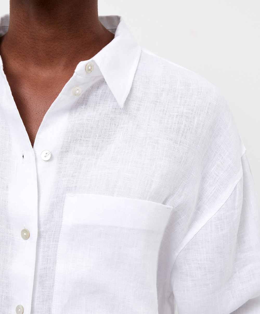 Oysho 100% Linen Long-sleeved Shirt Hvite | FNKY78152