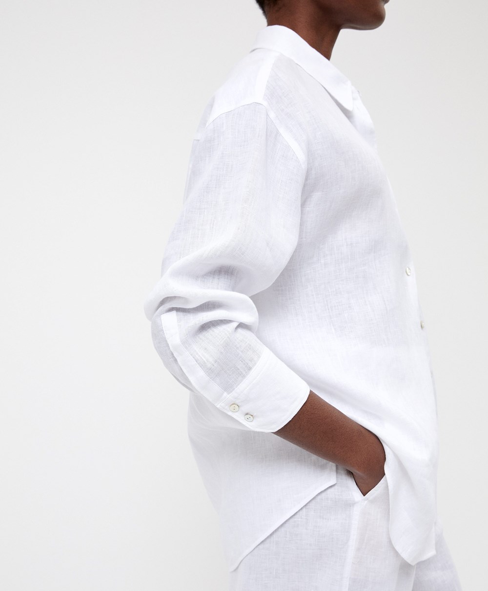 Oysho 100% Linen Long-sleeved Shirt Hvite | FNKY78152