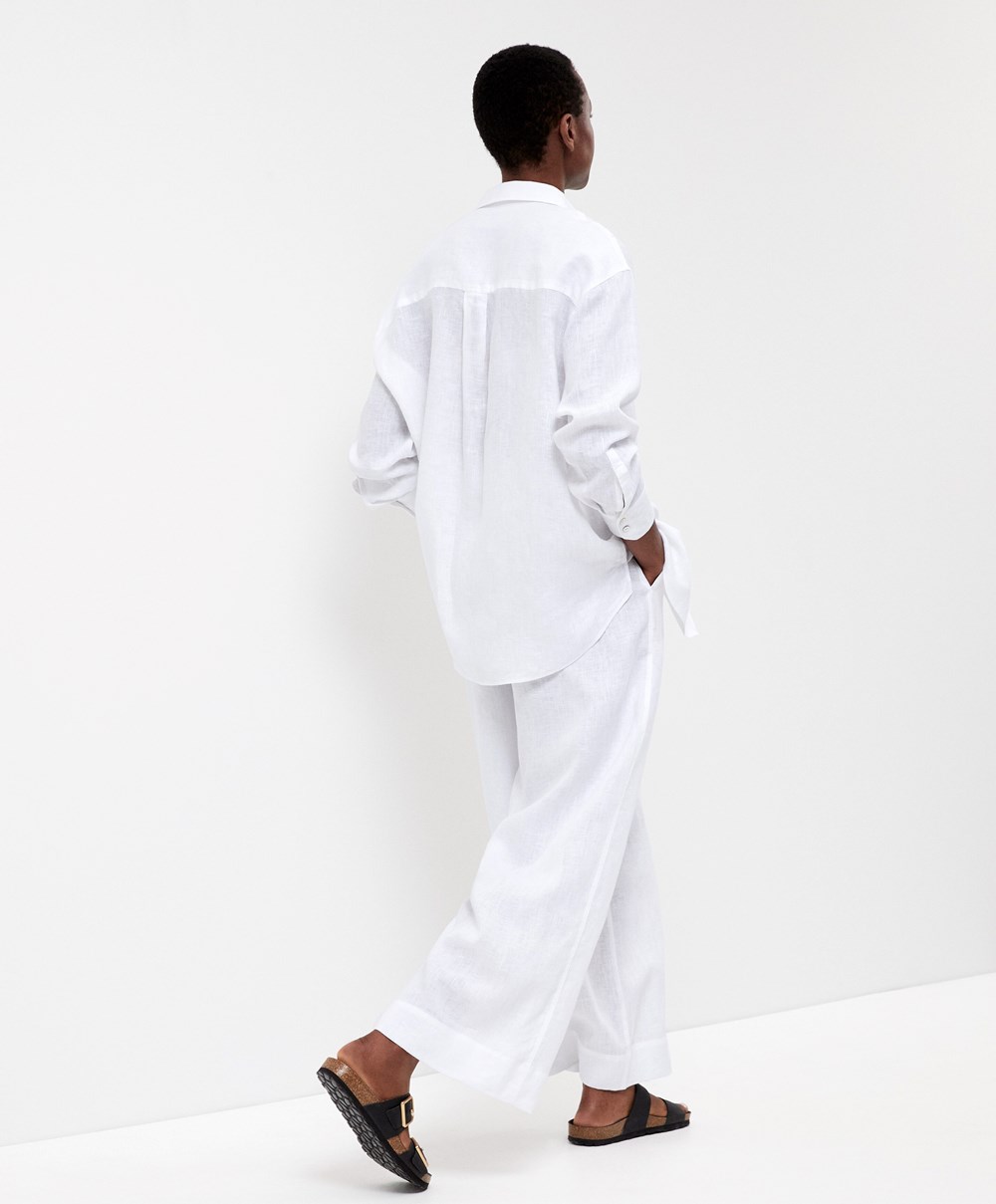 Oysho 100% Linen Long-sleeved Shirt Hvite | FNKY78152