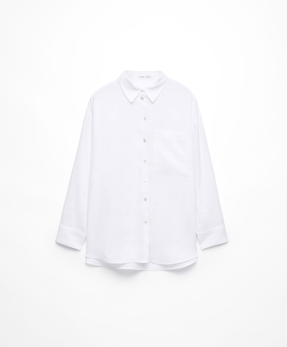 Oysho 100% Linen Long-sleeved Shirt Hvite | FNKY78152