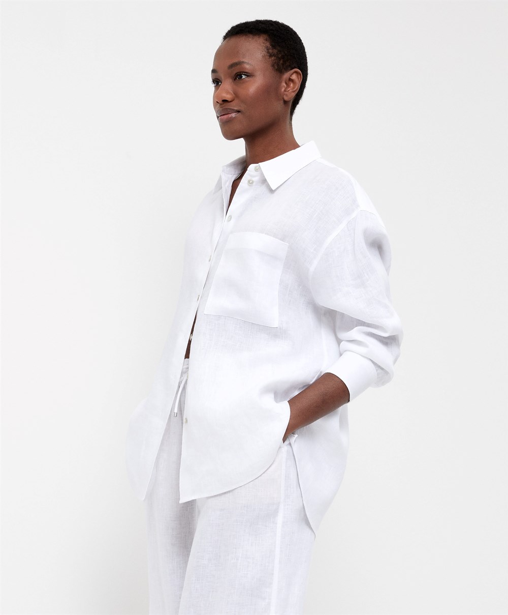 Oysho 100% Linen Long-sleeved Shirt Hvite | FNKY78152