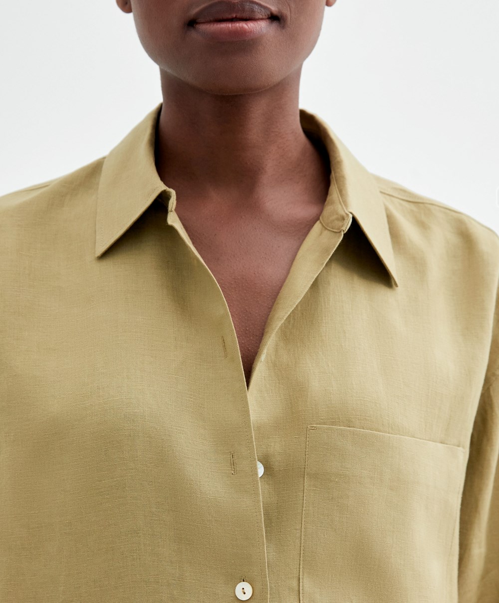 Oysho 100% Linen Long-sleeved Shirt Khaki | IMER16852