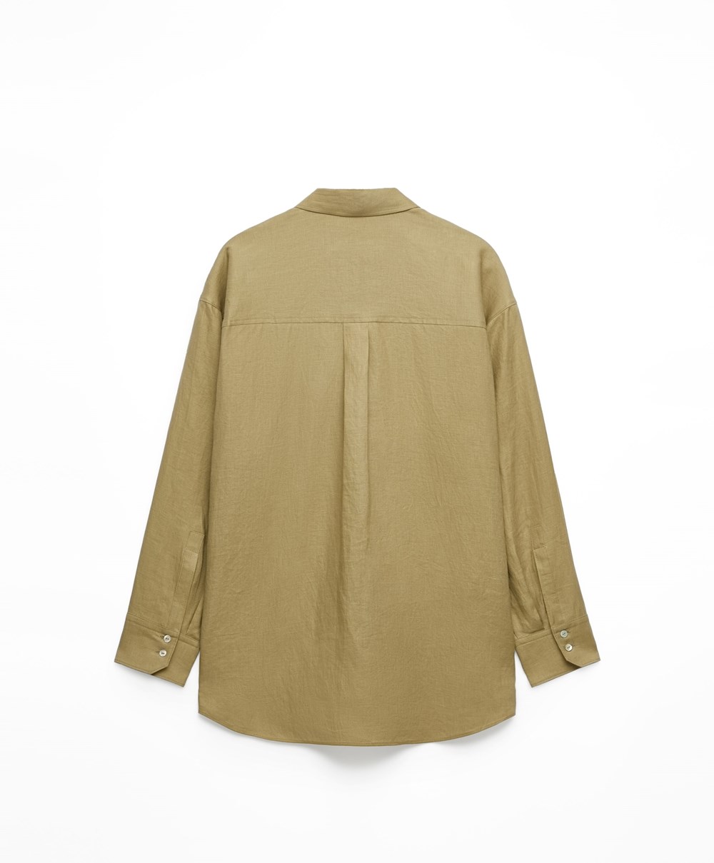 Oysho 100% Linen Long-sleeved Shirt Khaki | IMER16852