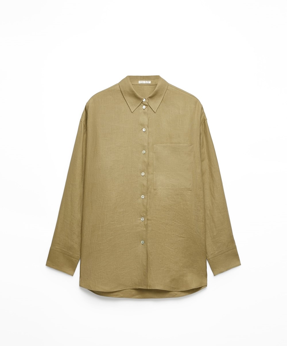 Oysho 100% Linen Long-sleeved Shirt Khaki | XUKM10486