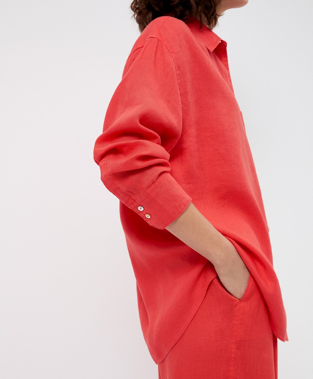 Oysho 100% Linen Long-sleeved Shirt Oransje | IAGH86735