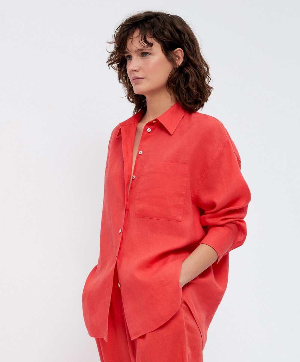 Oysho 100% Linen Long-sleeved Shirt Oransje | JOST72841