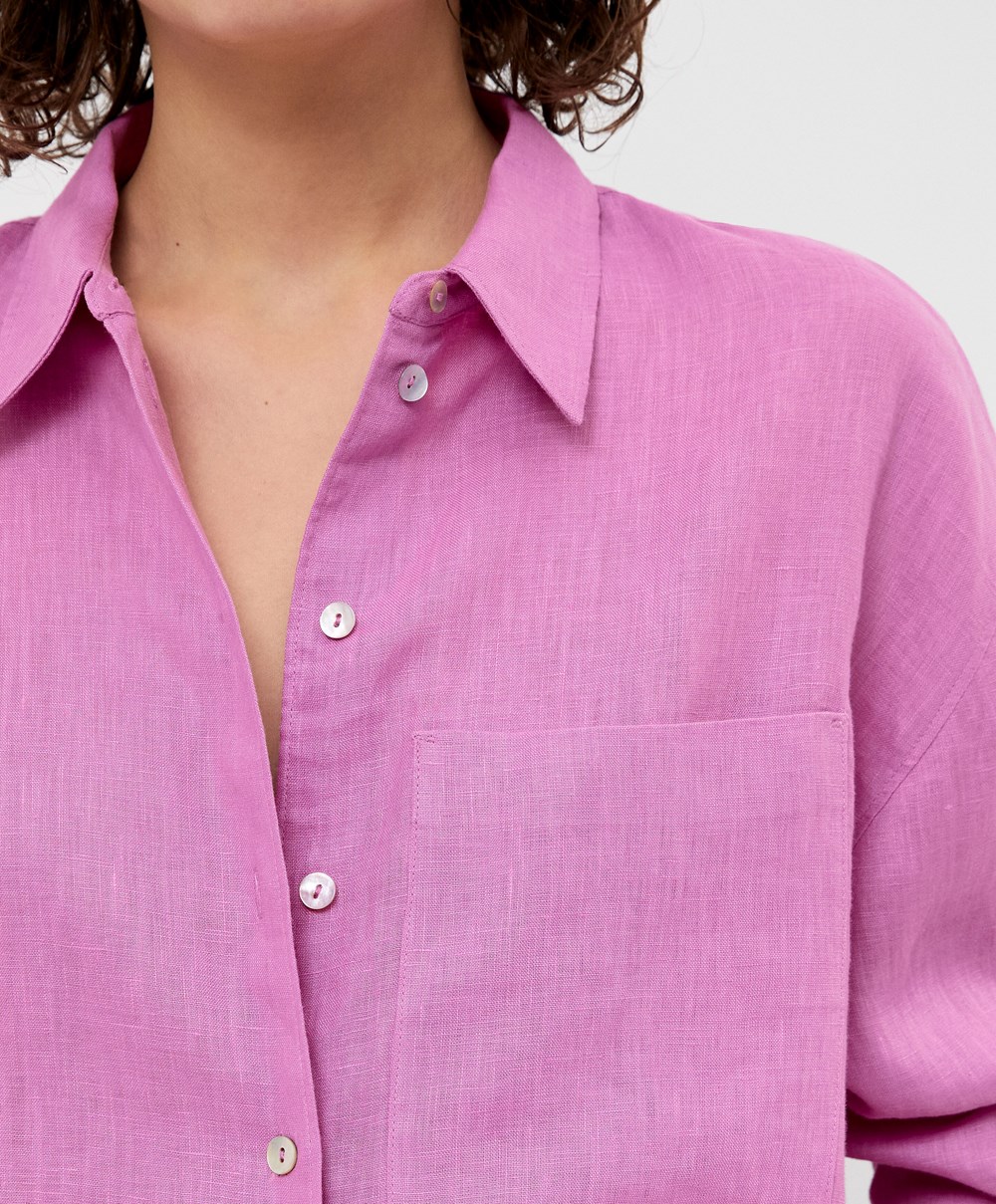 Oysho 100% Linen Long-sleeved Shirt Rosa | CUKI92410