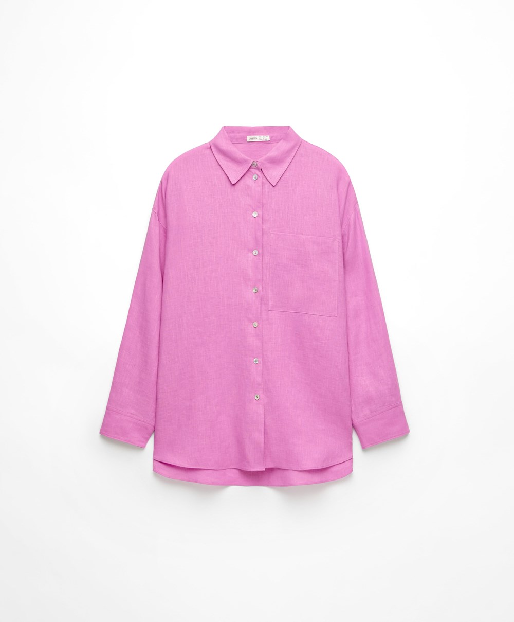 Oysho 100% Linen Long-sleeved Shirt Rosa | CUKI92410