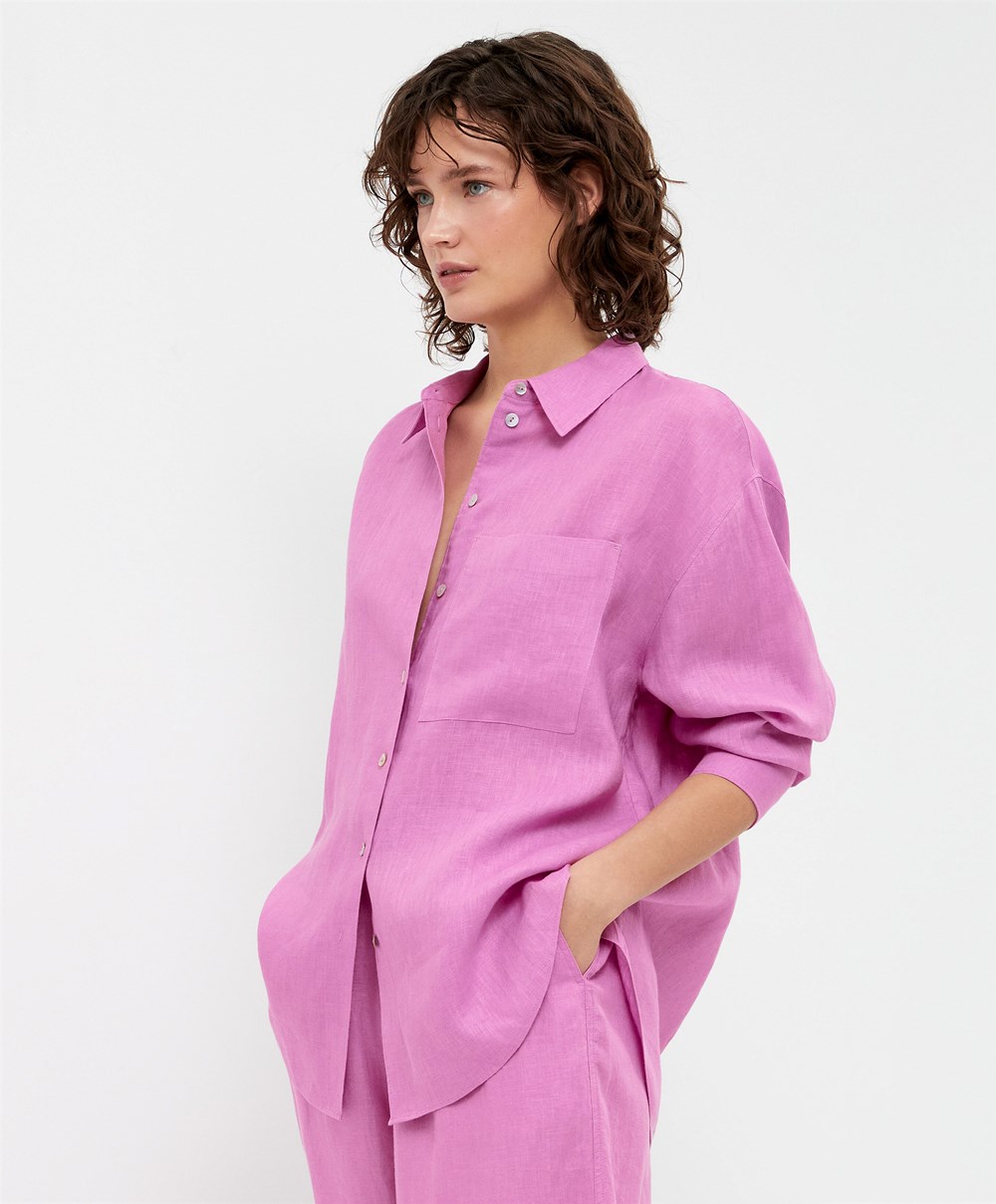 Oysho 100% Linen Long-sleeved Shirt Rosa | CUKI92410