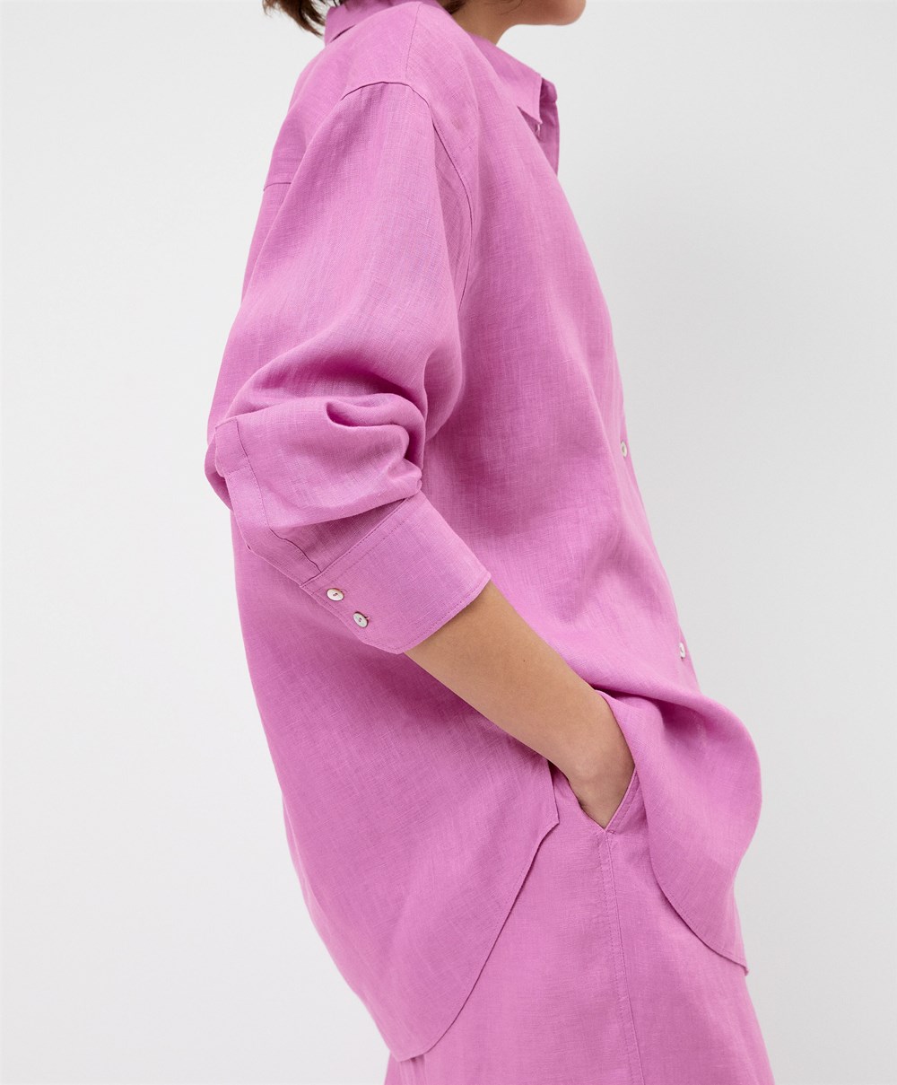 Oysho 100% Linen Long-sleeved Shirt Rosa | NGVE86301