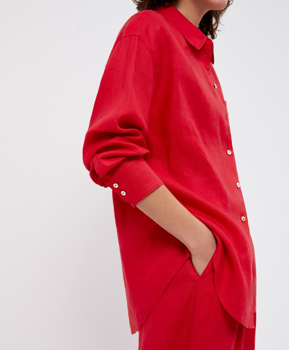 Oysho 100% Linen Long-sleeved Shirt Rød | WBQF07831