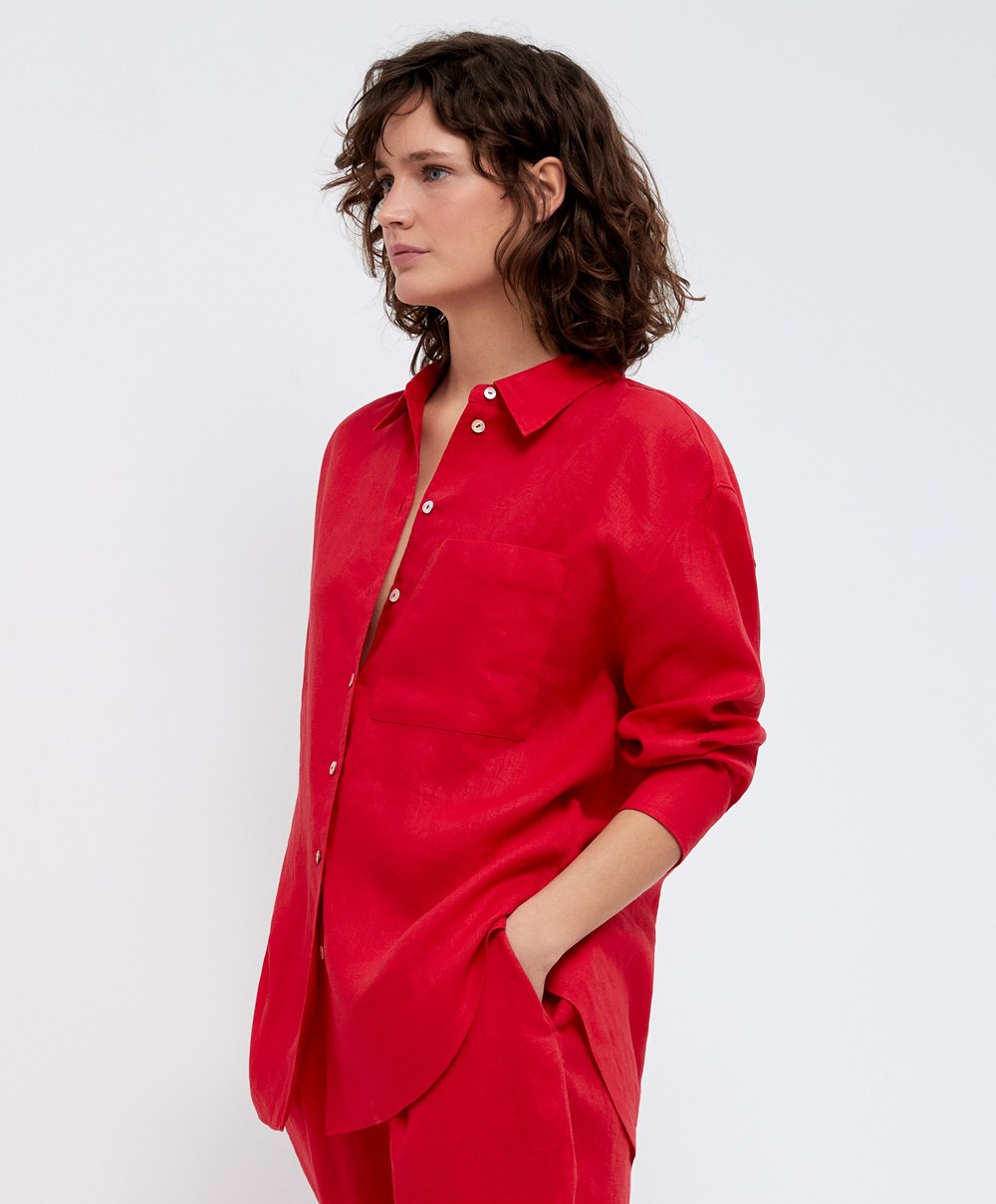 Oysho 100% Linen Long-sleeved Shirt Rød | WBQF07831