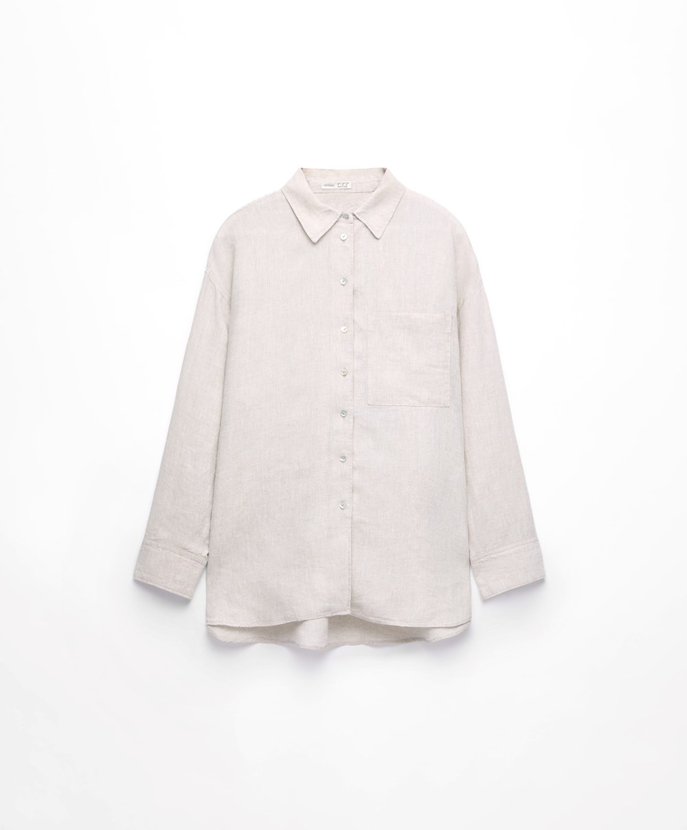 Oysho 100% Linen Long-sleeved Shirt Sand Melange | LHAM17984