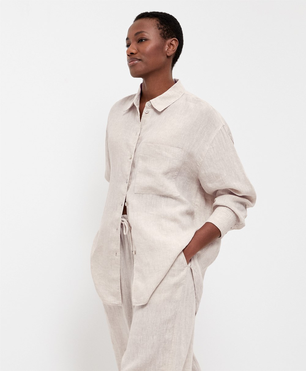 Oysho 100% Linen Long-sleeved Shirt Sand Melange | LHAM17984