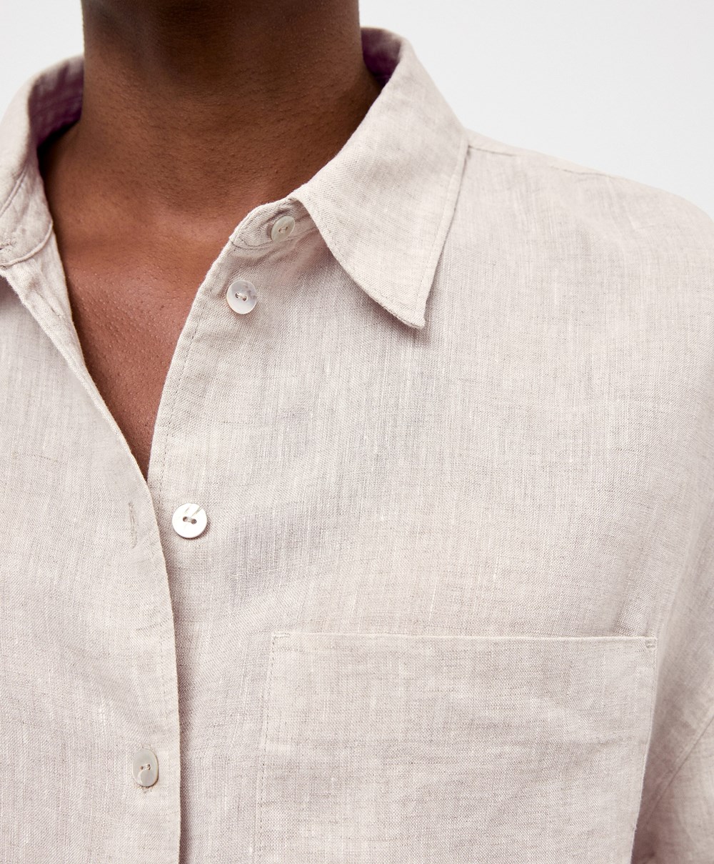 Oysho 100% Linen Long-sleeved Shirt Sand Melange | YFCG38056