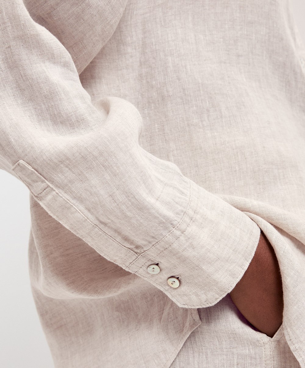 Oysho 100% Linen Long-sleeved Shirt Sand Melange | YFCG38056