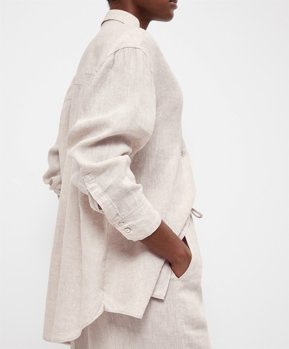 Oysho 100% Linen Long-sleeved Shirt Sand Melange | YFCG38056