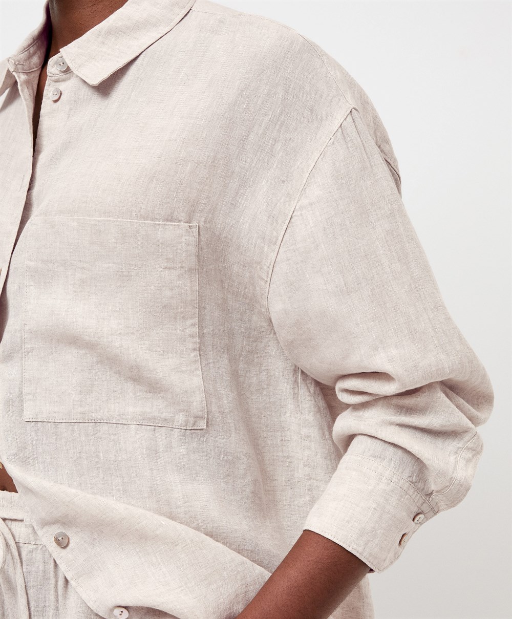 Oysho 100% Linen Long-sleeved Shirt Sand Melange | YFCG38056