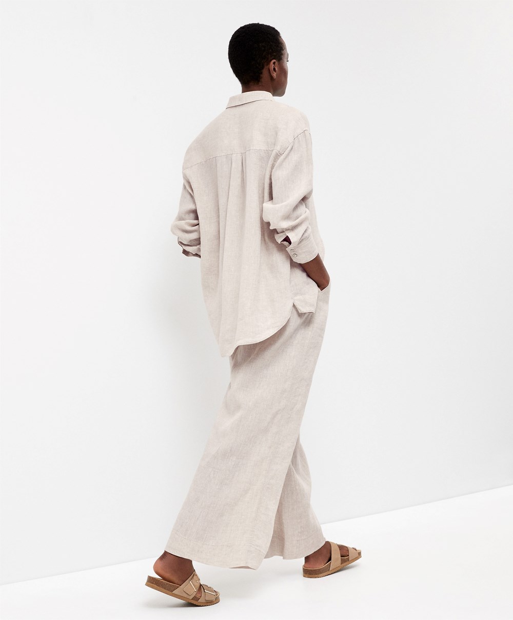 Oysho 100% Linen Long-sleeved Shirt Sand Melange | YFCG38056