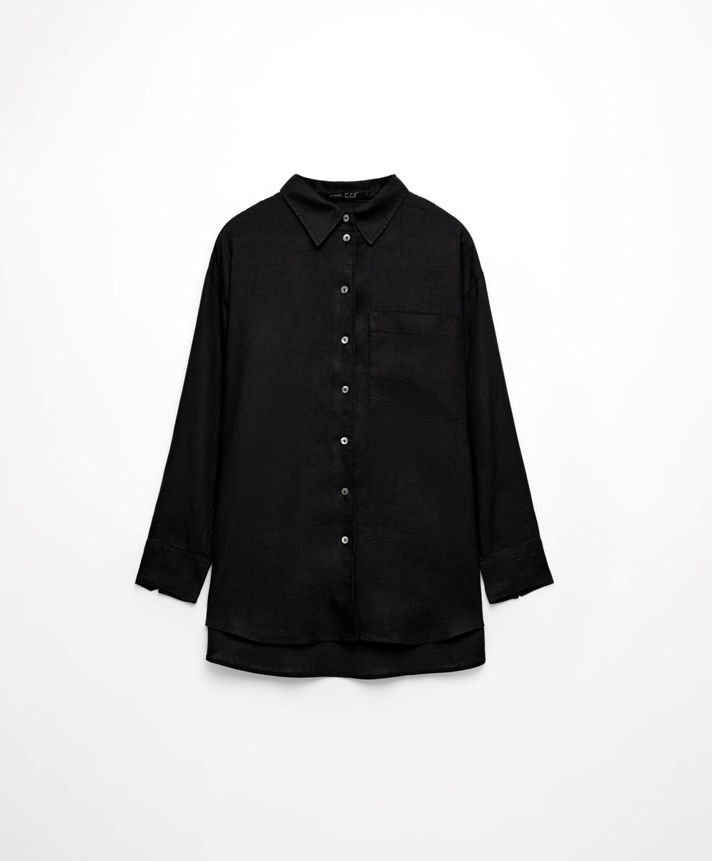 Oysho 100% Linen Long-sleeved Shirt Svarte | IEAV16703