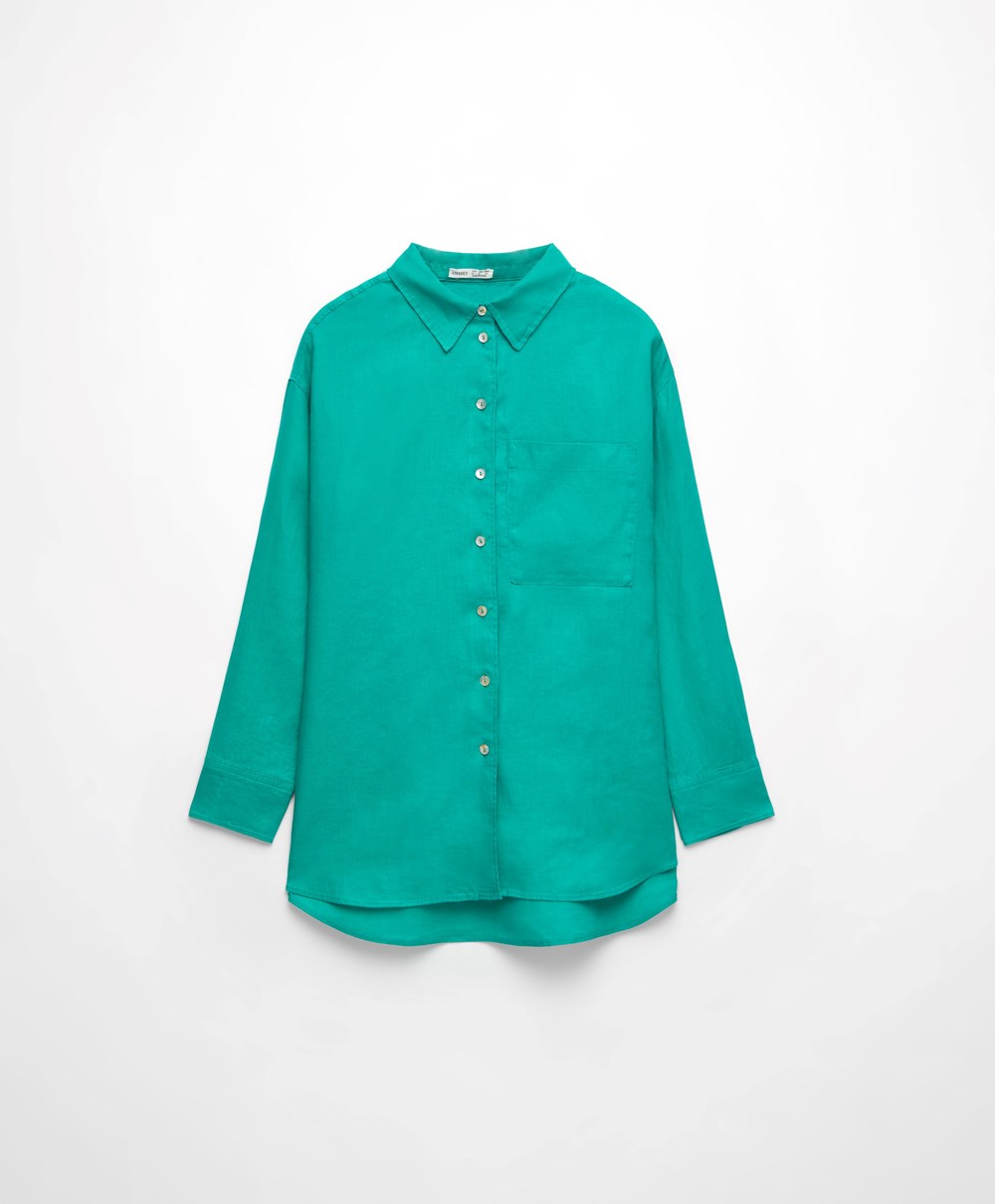 Oysho 100% Linen Long-sleeved Shirt Turkis Grønn | DGOR46023