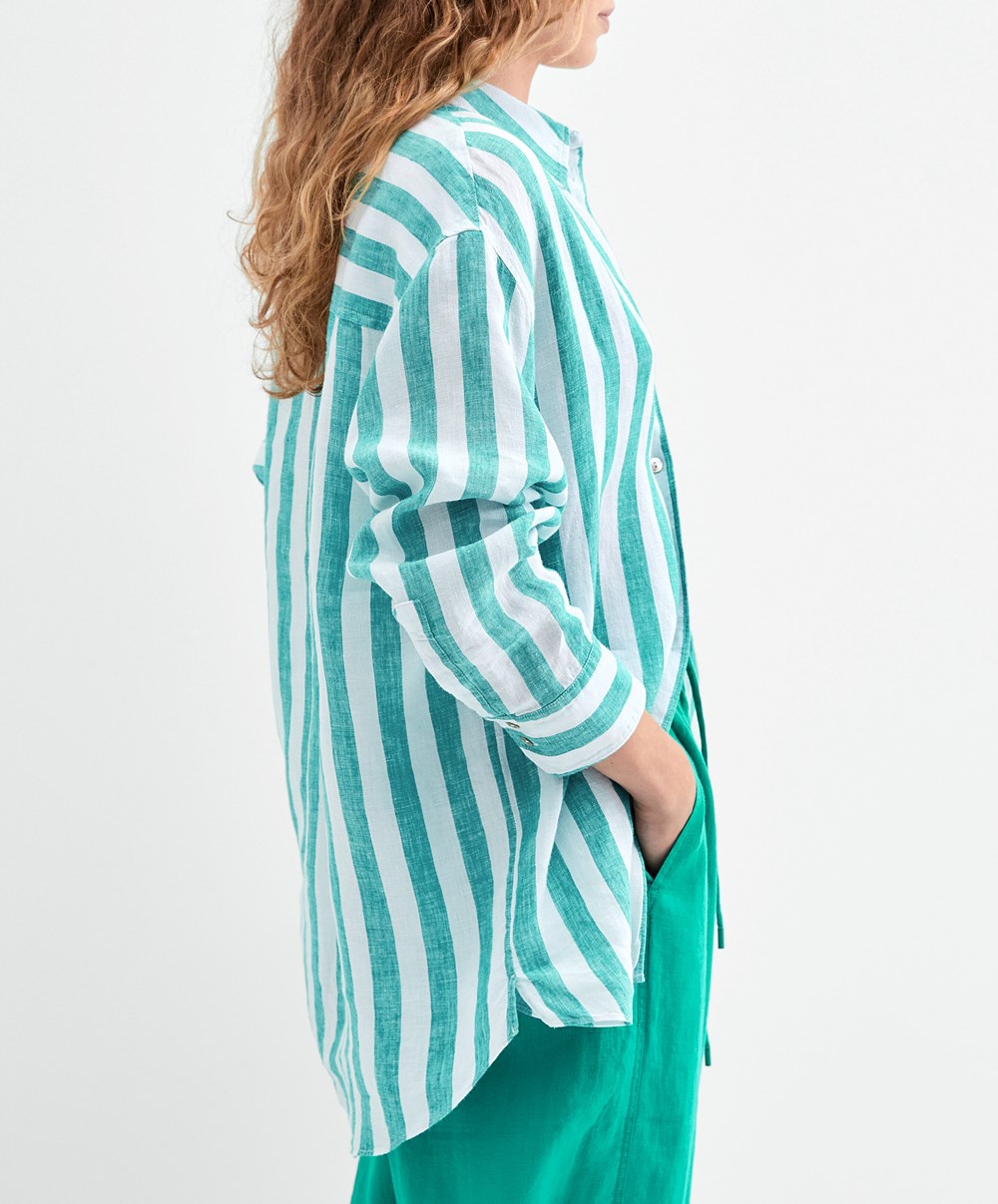 Oysho 100% Linen Long-sleeved Shirt Turkis | VHTS14830