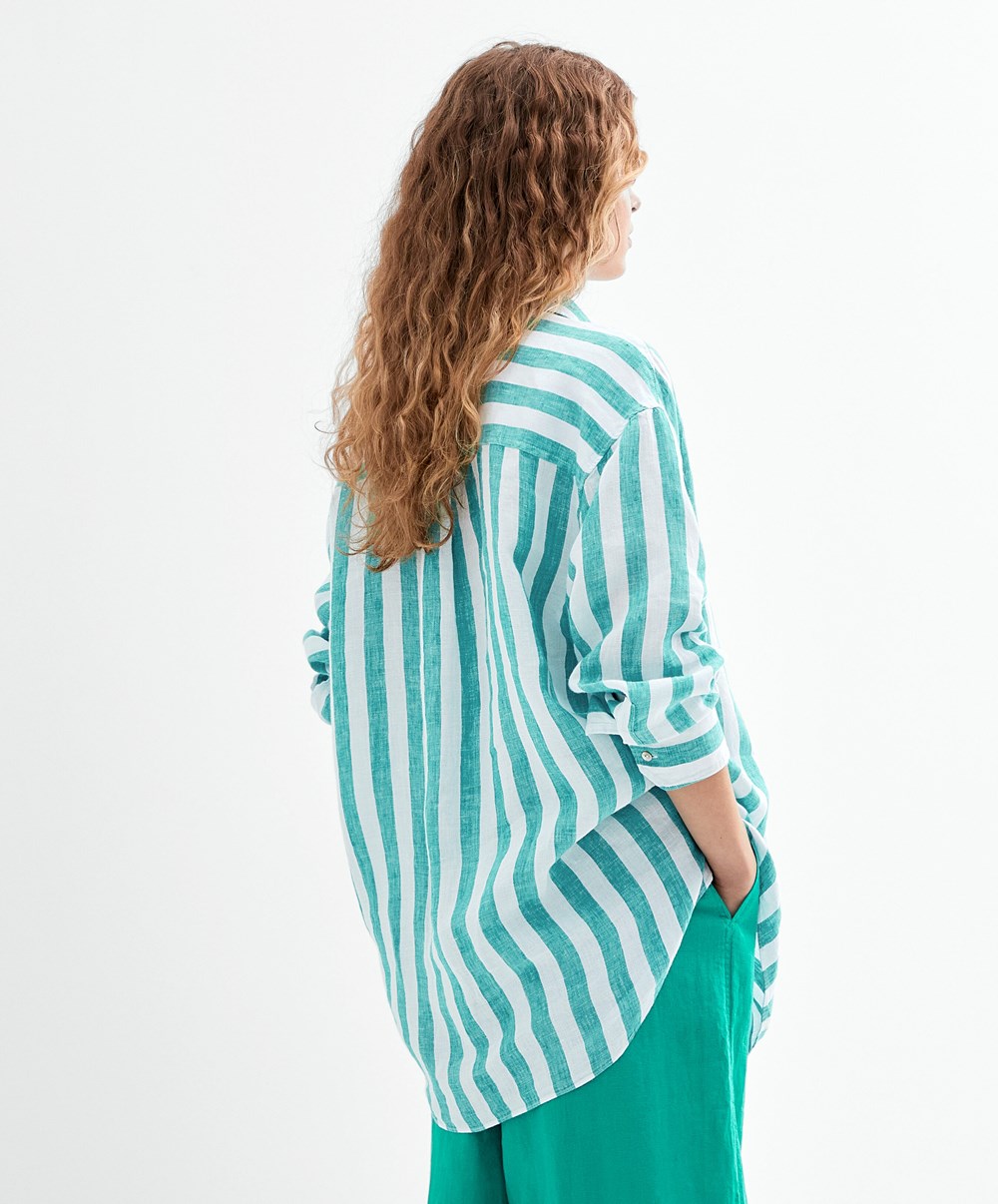 Oysho 100% Linen Long-sleeved Shirt Turkis | VHTS14830