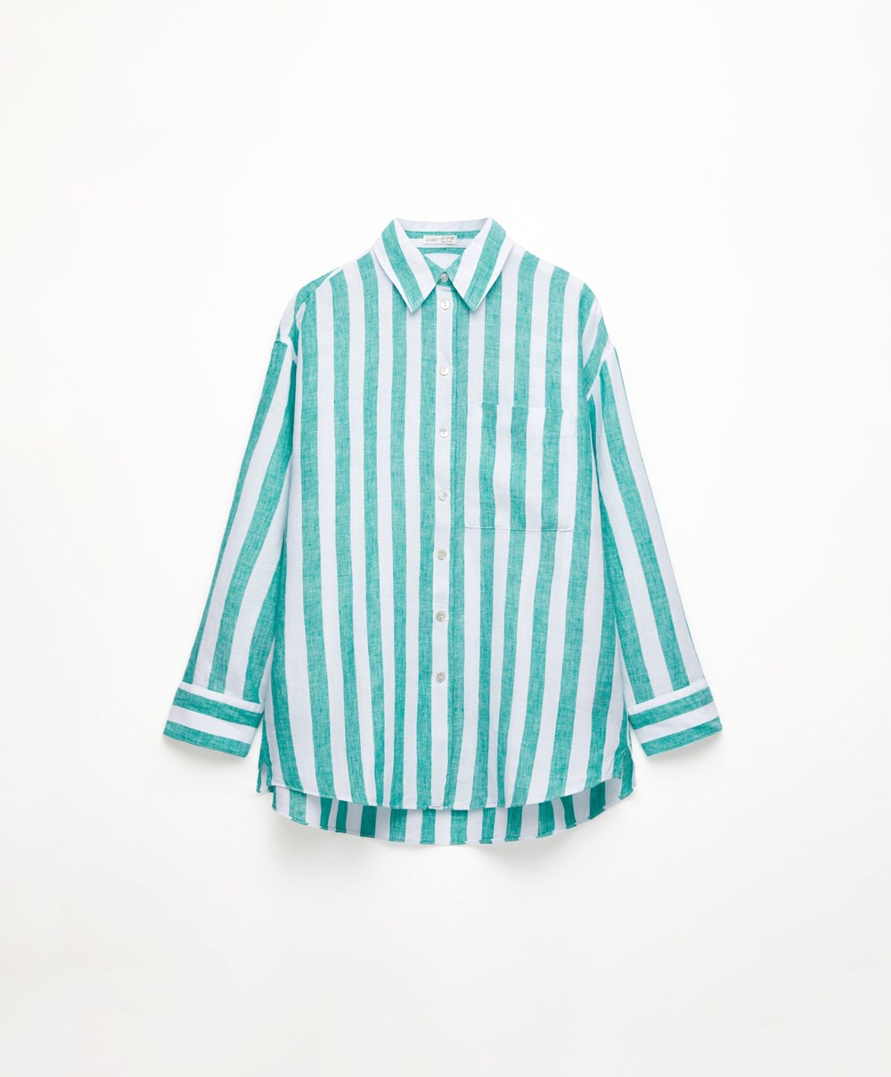 Oysho 100% Linen Long-sleeved Shirt Turkis | VHTS14830