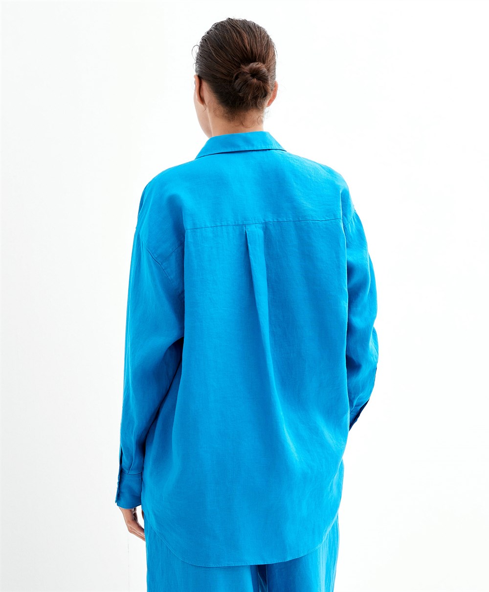 Oysho 100% Linen Long-sleeved Shirt Turquoise-blue | BVCH39678