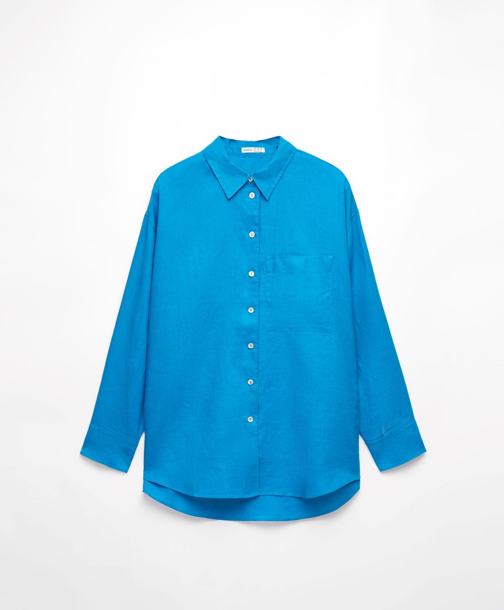 Oysho 100% Linen Long-sleeved Shirt Turquoise-blue | BVCH39678