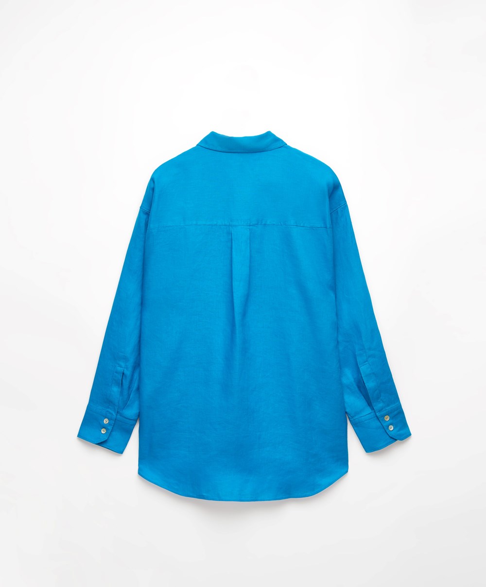 Oysho 100% Linen Long-sleeved Shirt Turquoise-blue | BVCH39678