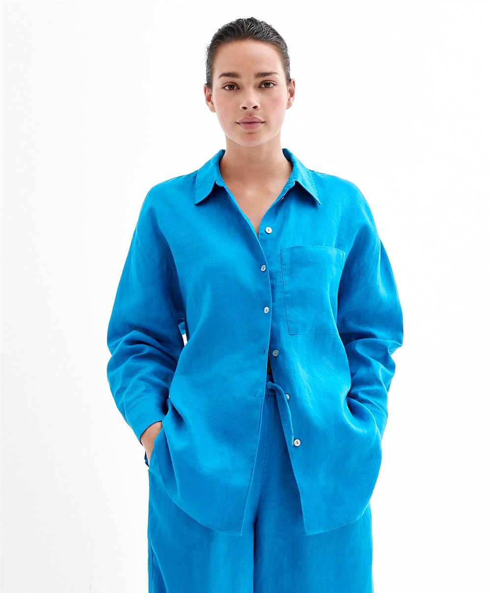 Oysho 100% Linen Long-sleeved Shirt Turquoise-blue | BVCH39678