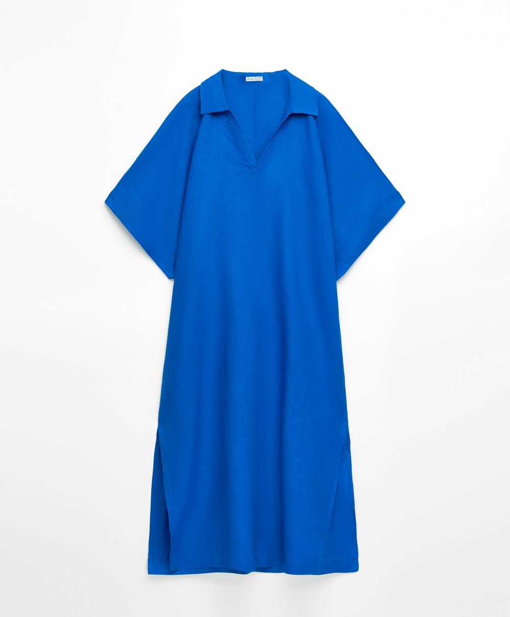 Oysho 100% Linen Polo Collar Tunic Kjoler Blå | CDER36081