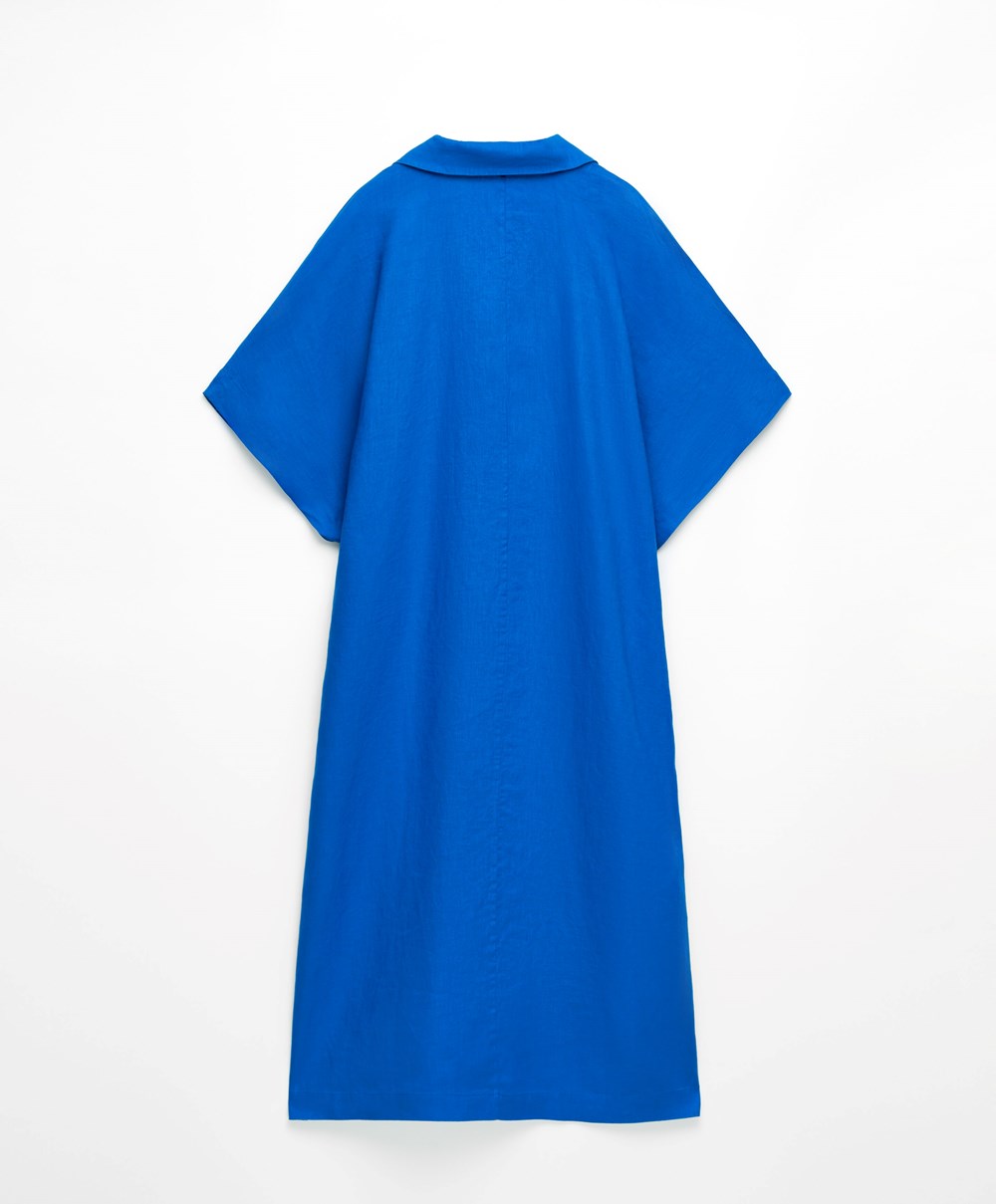 Oysho 100% Linen Polo Collar Tunic Kjoler Blå | CDER36081