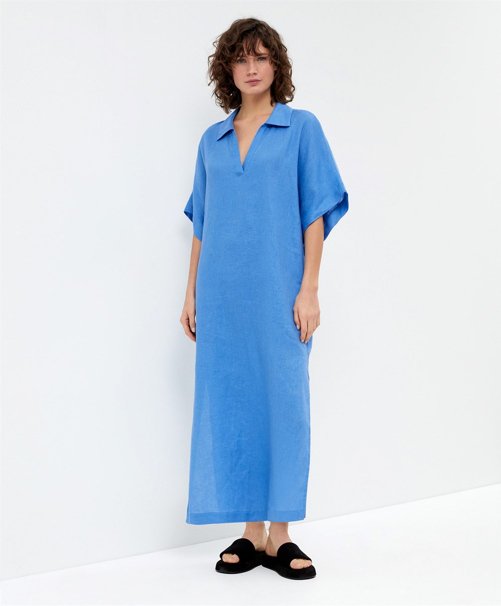 Oysho 100% Linen Polo Collar Tunic Kjoler Blå | IUVA62083